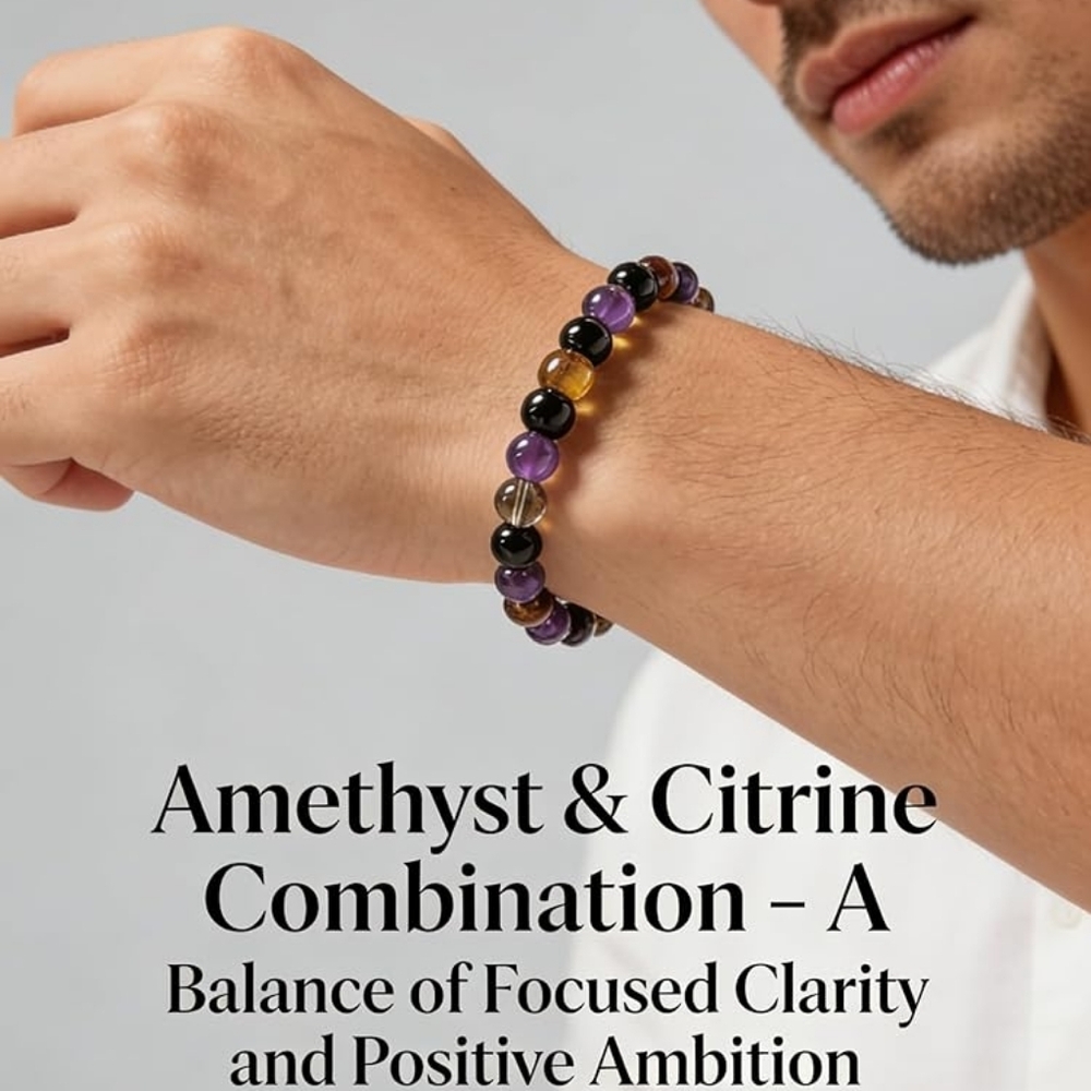 Amethyst & Citrine Beaded Bracelet - Purple, Yellow, Black UNISEX